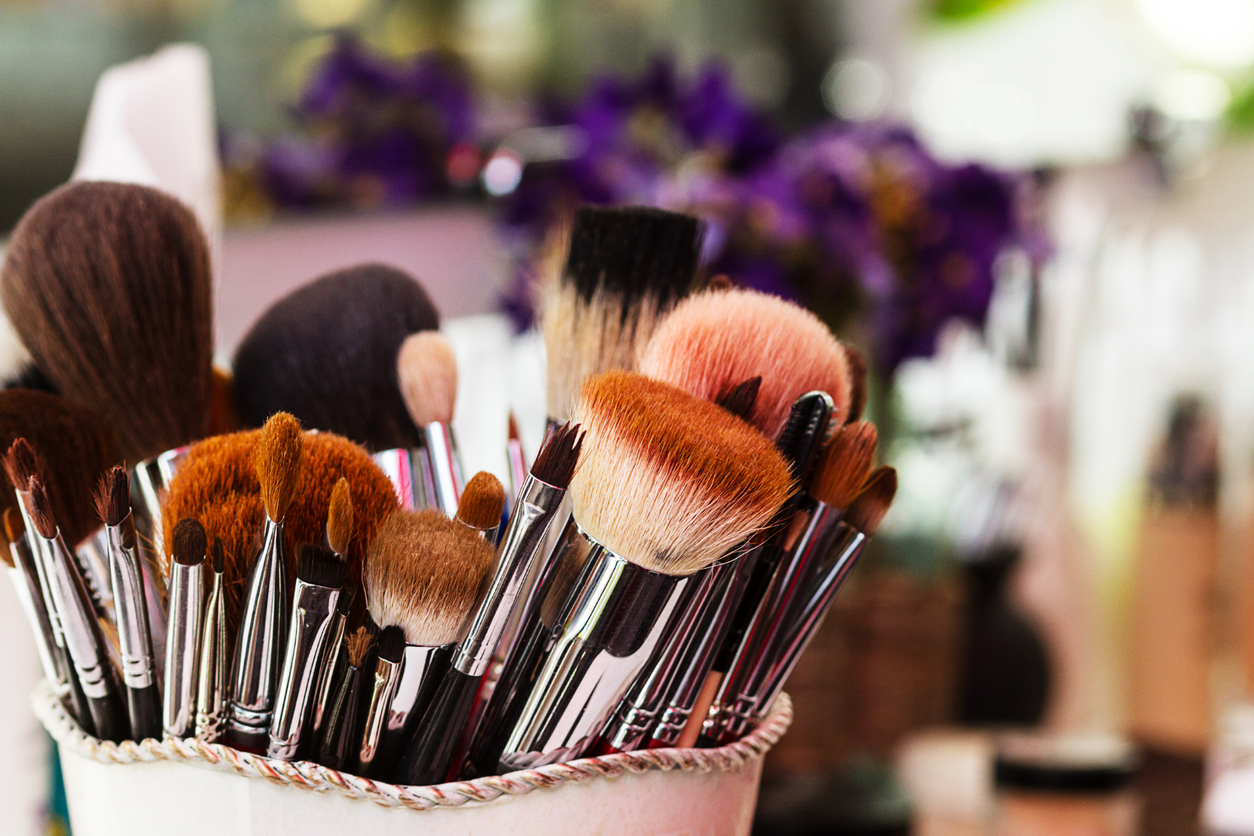 Makeup brushes at a salon